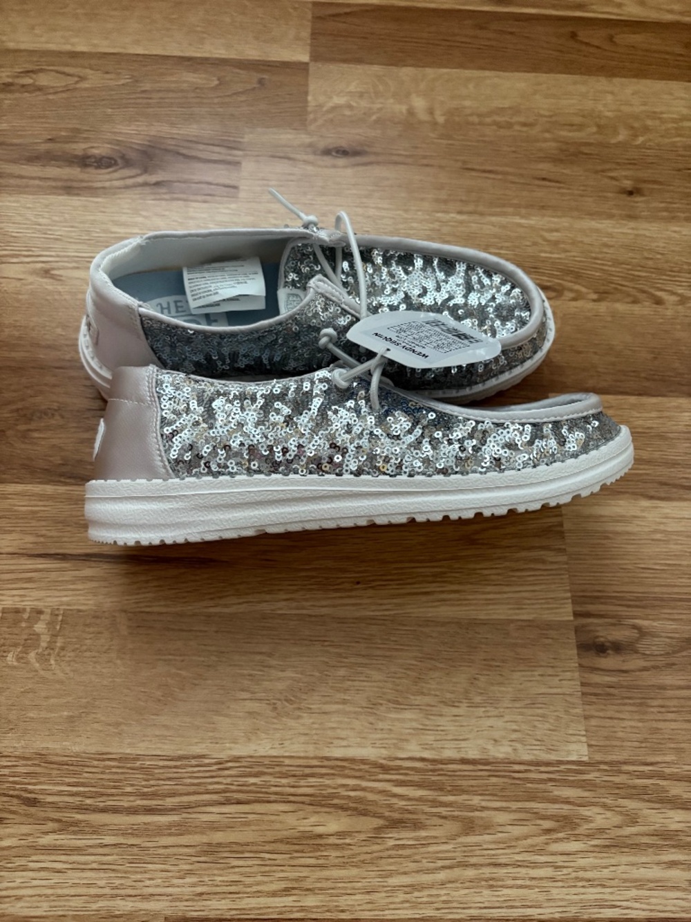 NWT Hey Dude Women’s Wendy Cream and Silver Sequin Shoes